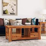 REDWOOD Solid Sheesham Wood Rectangle Centre Coffee Table for Living Room | Wooden Sofa Hall Tea/Teapoy Table with 2 Drawers & 3 Shelf Storage for Home Office | Natural Teak