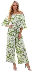 Love Welove Fashion Jumpsuits for Women, Floral Off Shoulder Ruffled Short Sleeve High Waist Wide Leg Pants Romper