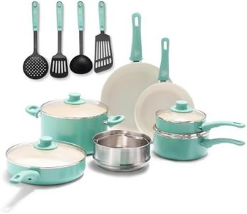 GreenLife Soft Grip Healthy Ceramic Nonstick, 15 pc Ceramic Cookware Set, PFAS-Free, Induction, Turquoise