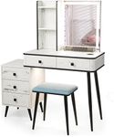 RELAX4LIFE Dressing Table and Stool Set, Vanity Desk Set with 5 Drawers, Storage Shelves, 3-Color LED Lights & Charging Function, Makeup Dresser Desk Bedroom Furniture (White, Rectangular Mirror)