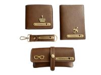 MODEFE Personalized All-in-One Men's Combo Gift, 4 Pieces Set Black Color Customized Wallet, Key Chain, Spec Cover, and Passport Cover with Name and Charm (Tan)