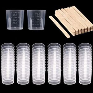 60 Pack 30ml gobelet mélangeur en plastique tasses à mesurer graduée tasses avec des 50 pièces en bois bâtons d'agitation kit de mélange pour le mélange de matière plastique époxy taches de peinture