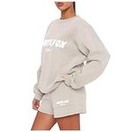 Women's White Fox Tracksuit Shorts Sets Oversized Jumpers Two Piece Outfits Long Sleeve Pullover and Loose Short Sweatpants Y2k Joggers Track Suit Ladies Activewear Sportwear Running Walking Hiking