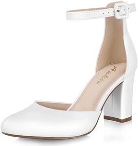 Ankis Closed Toe Heels for Women -Black Nude White Silver Gold Womens Heels Closed Round Toe Chunky Block Pumps Shoes, 3 Inch, White Pu, 9