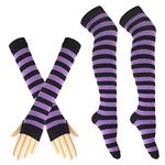 ECOSCO Womens Rainbow Stripe Knee Thigh High Socks Arm Warmer Fingerless Gloves (Light purple)