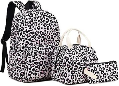 School Backpack for Teen Girls, 3-in-1 Kids Backpack Bookbag Set School Bags with Lunch Box Pencil Case (Leopard)