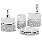 Creative Scents Bathroom Accessory Set - White and Gray Bathroom Décor Set - 4 Piece Decorative Bathroom Set Includes: Soap Dispenser, Soap Dish, Toothbrush Holder and Tumbler (Mirror Damask)