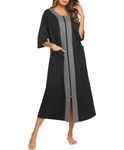 Ekouaer Long Robe Nightgowns Half Sleeve House Coat O Neck Dresses Sleepwear Zip Loungewear with Pockets (Black,S)