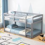 KOMFOTT Low Bunk Bed Twin Over Twin, Solid Wood Bunk Bed Frame with Built-in Ladder & Safety Guardrails, Space-Saving Low Bunk Bed for Kids, Teens, No Box Spring Needed (Gray)