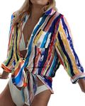 Bsubseach Print Button Down Beach Shirt Blouses Swimsuit Cover Ups for Women Beach Coverup Blue and Yellow Tie Dyeing