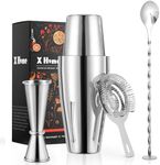 X Home Cocktail Shaker Set, Professional 4-Piece Bartender Kit with Boston Shaker, Hawthorne Strainer, Double Measuring Cocktail Jigger, and 10-inch Mixing Spoon, Bartender's Choice