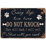 TISOSO Crazy Dogs Live Here Do Not Knock Sign Reto Vintage Metal Tin Signs For Lawn Garden Yard House Room Signs 8X12Inch