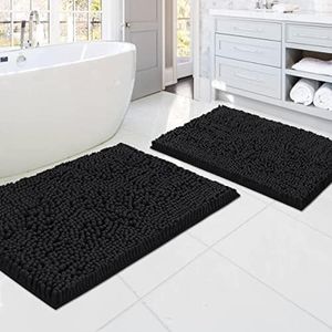 PrinceDeco Bath Mat Shower Rug Luxury Shaggy High Absorbent and Non Slip Chenille Bathroom Rug Mat Machine Washable Fit for Bathtub Shower and Bath Room- (2 Piece - 50cm x 81cm / 43cm x 61cm), Black