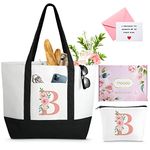 Personalized Friend Birthday Gifts for Women, Floral Ini-tial Large Tote Bag, Can-vas Beach Bag w Makeup Bag, Bridesmaid Bridal Shower Nurse Teacher Gifts w Inner Pocket, Top Zi-pper, Gift Box, Card B