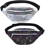 CKANDAY 2 Pieces Shiny Holographic Fanny Pack, Sport Waterproof Waist Bag Grid Waistbag with Pouches and Adjustable Belt for Women Men Kids Traveling Running Festival Party, 2 Colors