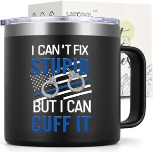 LiqCool - Police Gifts for Men, I Can't Fix Stupid Insulated 14 Oz Coffee Mug, Best Law Enforcement for Him, Police Correctional Officer Cop Gifts, Christmas Birthday for Dad, Husband, Brother (Black)