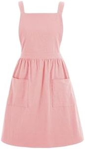 Pinknoke Cotton Linen Pinafore Apron Dress for Women with Pockets Cute Art Chef Aprons for Kitchen Baking Gardening Painting, Pink, Medium