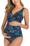 EastElegant Maternity Floral Swimsuits One Piece Bathing Suits V-Neck Pregnancy Swimwear Bikini (Blue, Medium)