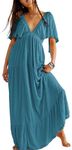 Kikibell Tiered Maxi Dress Women V Neck Dresses Flutter Sleeve Maxi Dress Empire Waist Dress for Women Blue Green S