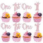 SYKYCTCY 24 Pack One Birthday Cupcake Toppers Glitter Happy 1st Birthday Cupcake Picks Crown Happy Birthday Cake Decorations for First Baby Shower Anniversary Party Supplies Pink