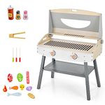 GYMAX Wooden Kids BBQ Grill Playset, Little Chef Play Kitchen with 17 Play Food & Barbecue Accessories, 18PCS BBQ Toy Set Children Pretend Kitchen for 3 Years Old + Boys Girls