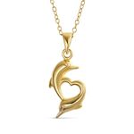 Nautical Tropical Vacation Honeymoon Swimming Heart Dolphins Charm Pendant Necklace For Women 14K Gold Plated .925 Sterling Silver