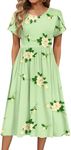 HOTOUCH Women's Summer Short Sleeve A-Line Midi Dresses Casual Floral T-Shirt Dress Flowy Beach Sundress with Pockets,Green,Medium