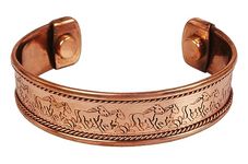 Touchstone handcrafted magnetic copper bracelet. Hand forged with solid and high gauge Tibetan style engraved cuff pure copper jewelry for women men. Beautifully embossed running horses.