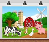 Loccor 7x5ft Fabric Cartoon Farm Animals Backdrop for Kids Birthday Party Red Barn Farmhouse Cow Photography Background Baby Shower Farm Theme Party Cake Table Banner Photoshoot Props