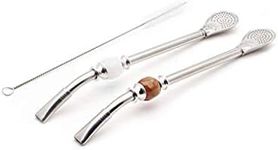 BALIBETOV [NEW] Set of 2 Premium big Yerba Mate stainless steel straws - Bombillas for mate gourd drinking, with removable head filter - Cleaning Brush Included - 8.5'' long (22 cm) WHITE-BROWN