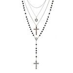 3 Pcs Cross Necklace Gothic Necklace for Women Rosary Beads Catholic Necklace Multilayer Necklace 80s Vintage Cross Necklace Hexagram Pendant Necklace 80s Fancy Dress Costume Accessories