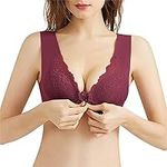 Litthing Women’s Sexy Lace Front Fastening Bras No Trace Ice-Silk V-Neck Full Coverage Non Wired Top Push Up Soft Breathable Comfort Mesh Fixed Padded Stretchy Wide Strap Ladies Bra Tops for Everyday