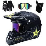 UIGJIOG Full Face MTB Helmet with Goggles Gloves Mask Helmet, Black/Rockstar, Adult Motorcycle Motocross Helmet Set Motorbike Off Road Crash Helmet Protective Gear,M(54~55cm)