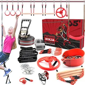 65 FT Largest Ninja Warrior Obstacle Course for Kids Outside - Ninja Slider Zipline Included - 11 Ninja Course Obstacles - Climbing Ladder, Spinning Wheel, Gym Rings, Monkey Bars, Pulley