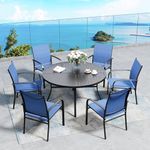 SUNSHINE VALLEY 7 PCS Patio Dining Set for 6, 54" x 54" Round Metal Table with Umbrella Hole, 6 Stable Dining Chairs, Outdoor Table and Chairs Set for Backyard Garden Lawn,Blue