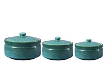 Caffeine Ceramic Handmade Green Ferrous Serving Casserole with Lid (Set of 3)