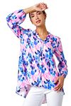 Roman Originals Shirt for Women Ladies Cotton Blouse Button Through Tunic Printed Top Work Long Sleeve Smart Casual Going Out Work Office V Neck Everyday Evening Event - Pink Blue - Size 12