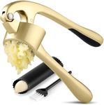 Zulay Kitchen Large Premium Garlic Press Set - Bigger Bowl for Bigger Garlic - Rust Proof & Dishwasher Safe Garlic Mincer Tool - Easy-Squeeze, Easy-Clean Silicone Garlic Peeler & Brush (Gold)