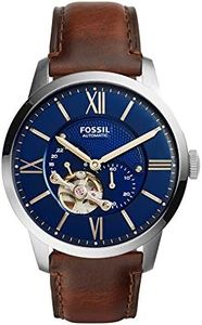 Fossil Montre pour homme Townsman, mouvement mécanique automatique, boîtier en acier inoxydable argenté de 44 mm avec bracelet en cuir, ME3110