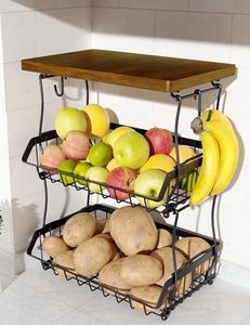 OKZEST 3-Tier Fruit Basket for Kitchen Counter with Banana Hangers, Countertop Organizer Fruit Bowls with Wood Top, Fruit Storage Basket Stand for Storage Potato Onion Bread Snack Fruit Veggie