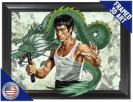Bruce Little Dragon Lee 3D Poster Wall Art Decor Framed Print | 14.5x18.5 | Green Dragon Posters & Pictures | Photo Memorabilia Gifts for Guys & Girls Bedroom