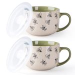 AmorArc 32 Ounces Ceramic Soup Mugs with Lids and Handle, Stoneware Bowls Cup Set of 2 for Soup, Stew, Noodle, Beautiful Mug Bowls With Bees Patterns, Microwave&Dishwasher Safe, Green