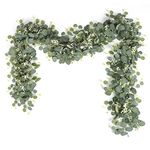 SOMYTING Eucalyptus Garland with White Flowers 2 Packs 5.9Ft Silver Dollar Eucalyptus Boxwood Gypsophila Garland Artificial Greenery Garland Vines for Wedding Party Mantle Table Runner Home Decor