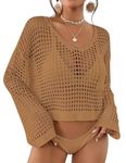 Bsubseach Womens Crochet Crop Top Beach Swimsuit Cover Up Long Sleeve Hollow Out Bathing Suit Cover Ups Summer Outfits Camel