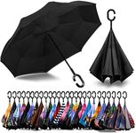 Siepasa Double Layer Inverted Umbrella with C-Shaped Handle, Anti-UV Waterproof Windproof Straight Umbrella for Car Rain Outdoor Use (Black)