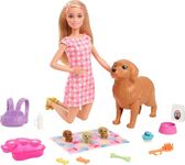 Barbie Doll and Pets, Blonde Doll with Mommy Dog, 3 Newborn Puppies with Color-Change Feature and Pet Accessories