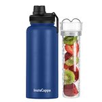 InstaCuppa Thermos Steel Fruit Infuser Water Bottle 1 Litre, Tritan Infusion Unit, Detox Infused Recipe eBook, Navy Blue