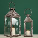 JHY DESIGN Set of 2 Large Lanterns Decorations 44.5 cm & 24 cm High Metal Candle Lanterns Ramadan Decorations Moroccan Lanterns for Indoor Outdoor Events Vintage(Grey Brush)