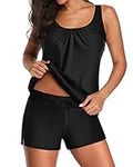 Aqua Eve Two Piece Women's Tankini Swimsuits Blouson Swim Tank Top with Shorts Modest Bathing Suits, Black, Large