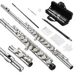 POGOLAB Flute, Closed-Hole C Flute 16 Keys, Student Flute with Split E & Offset-G, with Flute Case/Flute Cleaning Kit/Probe Rod/Gloves/Grease, Nickel Flute for School Band Practice